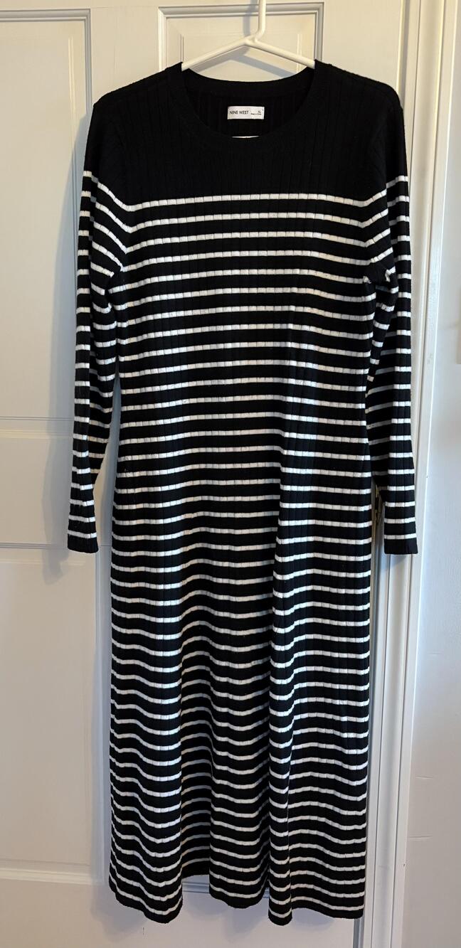 Nine West Sweater Dress Womens XL Black White Striped Ribbed Long Sleeve Midi